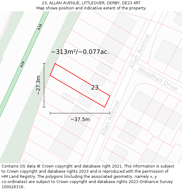 23, ALLAN AVENUE, LITTLEOVER, DERBY, DE23 4RT: Plot and title map