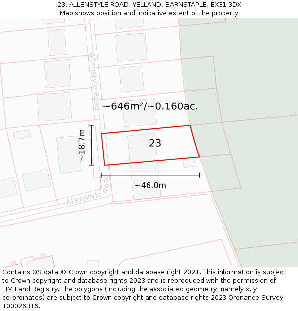 23, ALLENSTYLE ROAD, YELLAND, BARNSTAPLE, EX31 3DX: Plot and title map