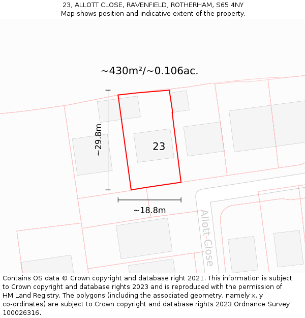 23, ALLOTT CLOSE, RAVENFIELD, ROTHERHAM, S65 4NY: Plot and title map