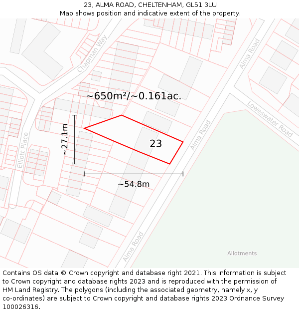 23, ALMA ROAD, CHELTENHAM, GL51 3LU: Plot and title map