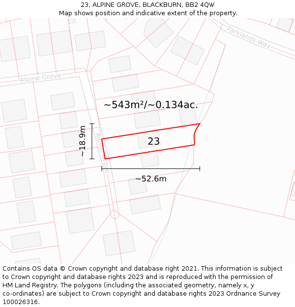 23, ALPINE GROVE, BLACKBURN, BB2 4QW: Plot and title map