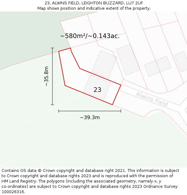 23, ALWINS FIELD, LEIGHTON BUZZARD, LU7 2UF: Plot and title map