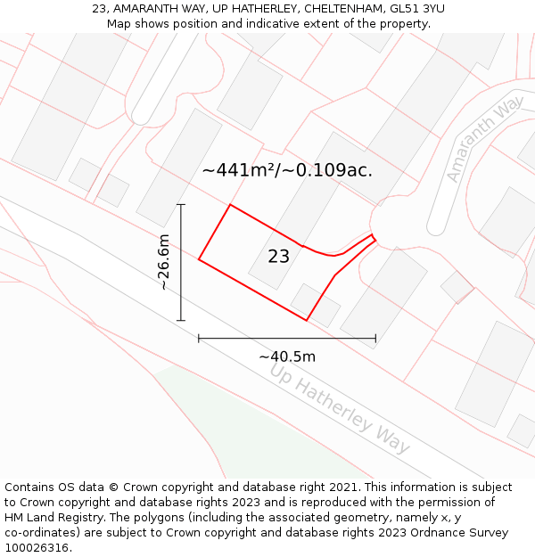 23, AMARANTH WAY, UP HATHERLEY, CHELTENHAM, GL51 3YU: Plot and title map