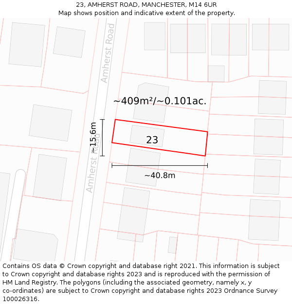 23, AMHERST ROAD, MANCHESTER, M14 6UR: Plot and title map