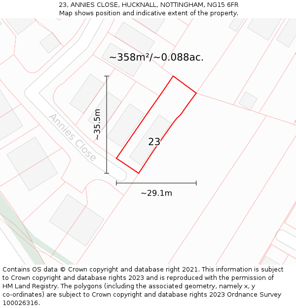 23, ANNIES CLOSE, HUCKNALL, NOTTINGHAM, NG15 6FR: Plot and title map