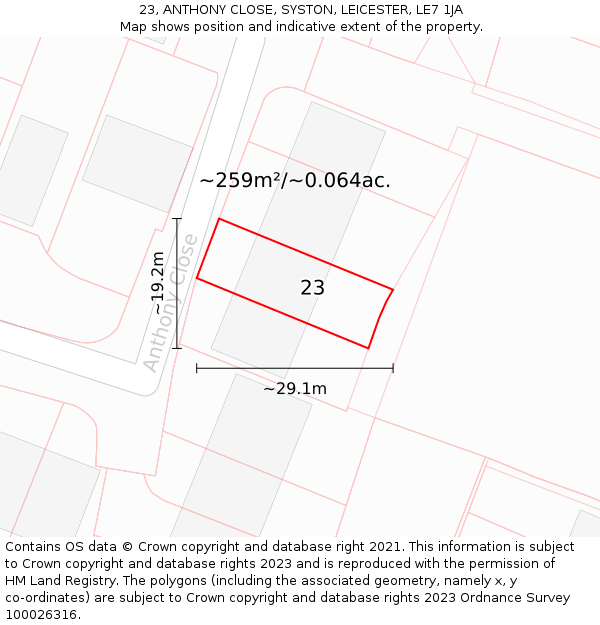 23, ANTHONY CLOSE, SYSTON, LEICESTER, LE7 1JA: Plot and title map