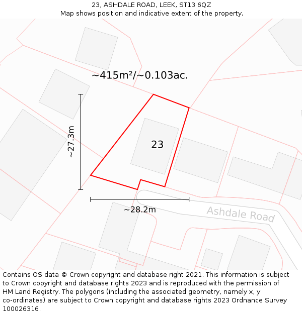 23, ASHDALE ROAD, LEEK, ST13 6QZ: Plot and title map