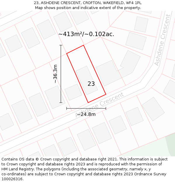 23, ASHDENE CRESCENT, CROFTON, WAKEFIELD, WF4 1PL: Plot and title map