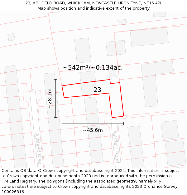 23, ASHFIELD ROAD, WHICKHAM, NEWCASTLE UPON TYNE, NE16 4PL: Plot and title map