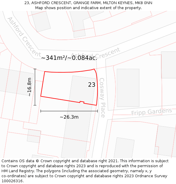 23, ASHFORD CRESCENT, GRANGE FARM, MILTON KEYNES, MK8 0NN: Plot and title map