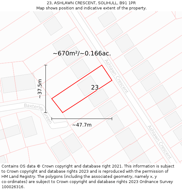 23, ASHLAWN CRESCENT, SOLIHULL, B91 1PR: Plot and title map