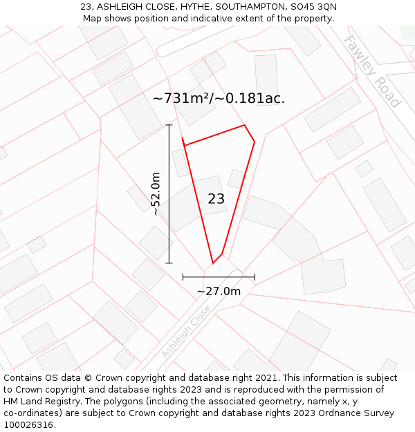 23, ASHLEIGH CLOSE, HYTHE, SOUTHAMPTON, SO45 3QN: Plot and title map