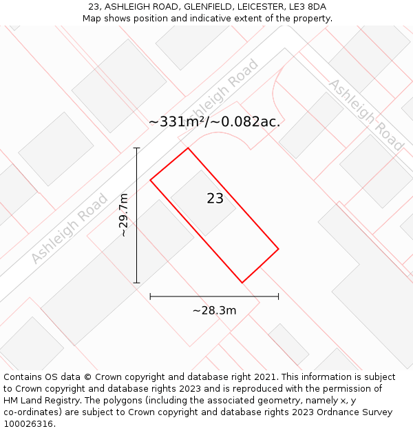 23, ASHLEIGH ROAD, GLENFIELD, LEICESTER, LE3 8DA: Plot and title map