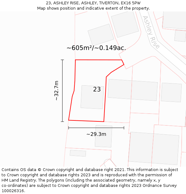 23, ASHLEY RISE, ASHLEY, TIVERTON, EX16 5PW: Plot and title map