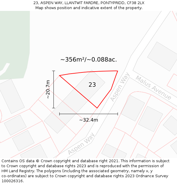 23, ASPEN WAY, LLANTWIT FARDRE, PONTYPRIDD, CF38 2LX: Plot and title map