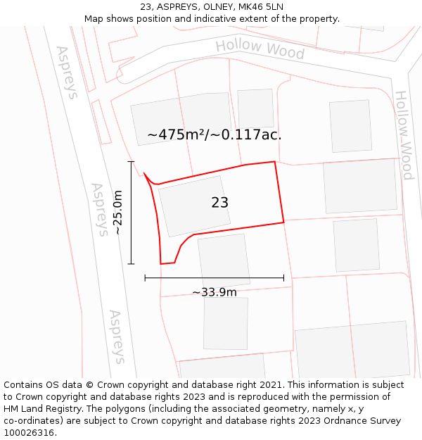 23, ASPREYS, OLNEY, MK46 5LN: Plot and title map