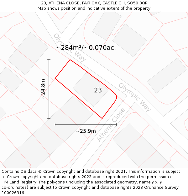 23, ATHENA CLOSE, FAIR OAK, EASTLEIGH, SO50 8QP: Plot and title map