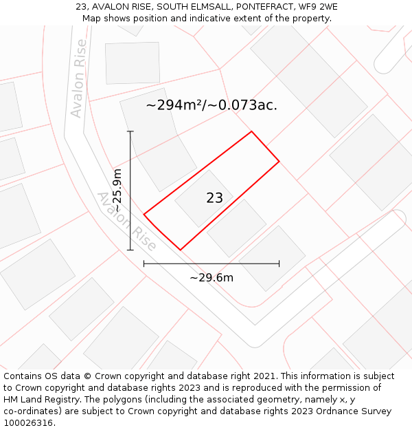 23, AVALON RISE, SOUTH ELMSALL, PONTEFRACT, WF9 2WE: Plot and title map