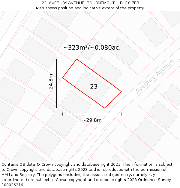 23, AVEBURY AVENUE, BOURNEMOUTH, BH10 7EB: Plot and title map