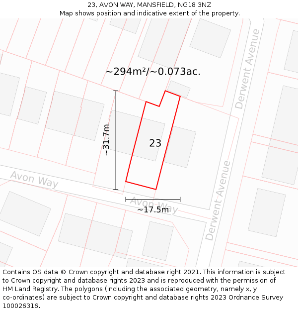 23, AVON WAY, MANSFIELD, NG18 3NZ: Plot and title map