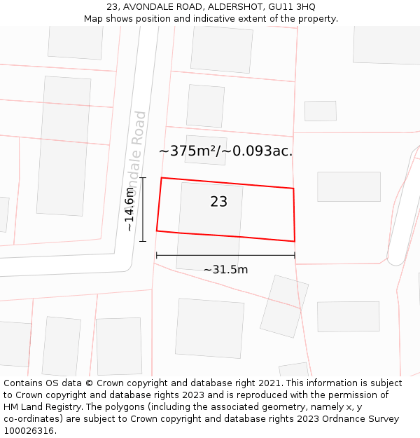 23, AVONDALE ROAD, ALDERSHOT, GU11 3HQ: Plot and title map