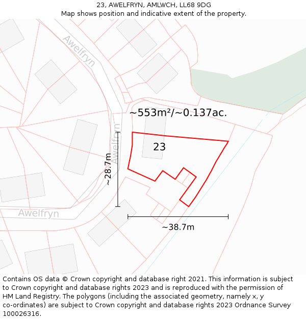 23, AWELFRYN, AMLWCH, LL68 9DG: Plot and title map