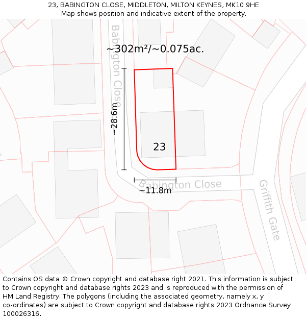 23, BABINGTON CLOSE, MIDDLETON, MILTON KEYNES, MK10 9HE: Plot and title map