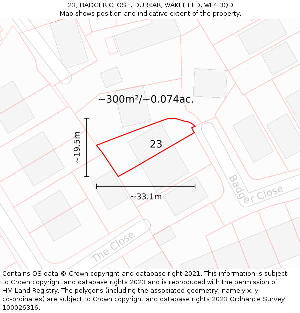 23, BADGER CLOSE, DURKAR, WAKEFIELD, WF4 3QD: Plot and title map