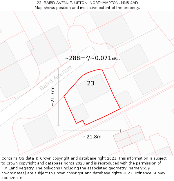 23, BAIRD AVENUE, UPTON, NORTHAMPTON, NN5 4AD: Plot and title map