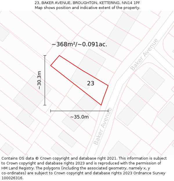 23, BAKER AVENUE, BROUGHTON, KETTERING, NN14 1PF: Plot and title map