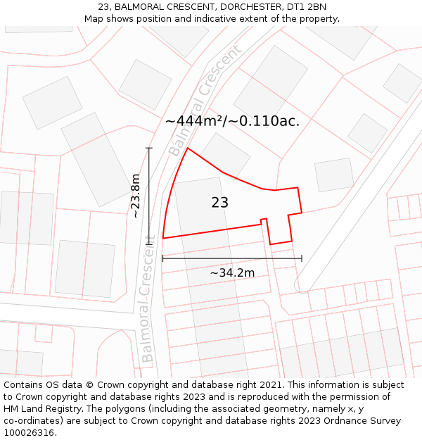 23, BALMORAL CRESCENT, DORCHESTER, DT1 2BN: Plot and title map