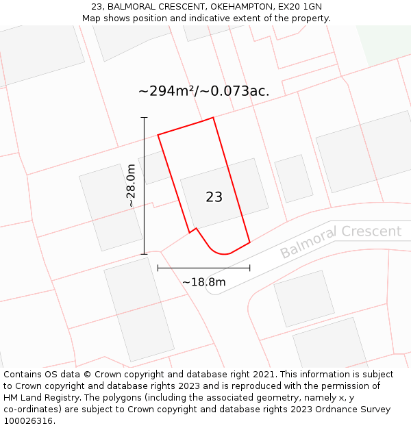 23, BALMORAL CRESCENT, OKEHAMPTON, EX20 1GN: Plot and title map