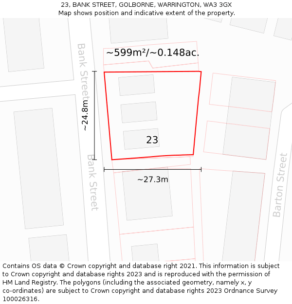 23, BANK STREET, GOLBORNE, WARRINGTON, WA3 3GX: Plot and title map