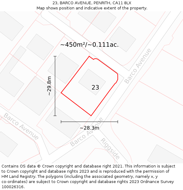 23, BARCO AVENUE, PENRITH, CA11 8LX: Plot and title map