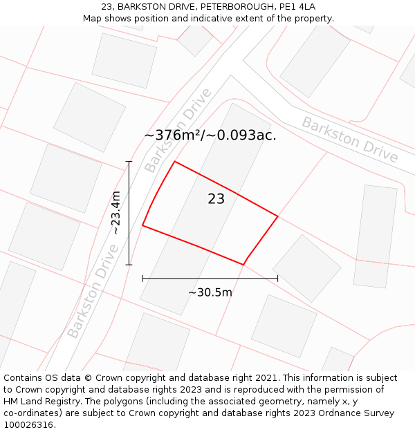 23, BARKSTON DRIVE, PETERBOROUGH, PE1 4LA: Plot and title map