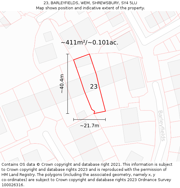 23, BARLEYFIELDS, WEM, SHREWSBURY, SY4 5LU: Plot and title map