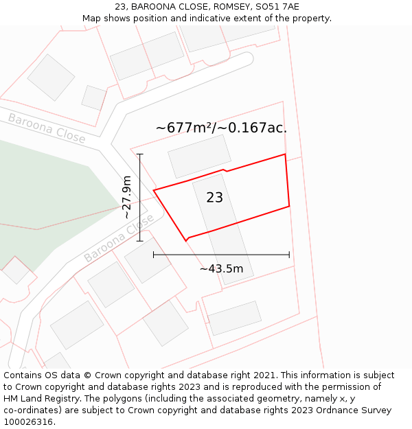 23, BAROONA CLOSE, ROMSEY, SO51 7AE: Plot and title map