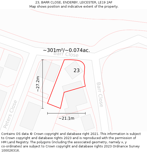 23, BARR CLOSE, ENDERBY, LEICESTER, LE19 2AF: Plot and title map