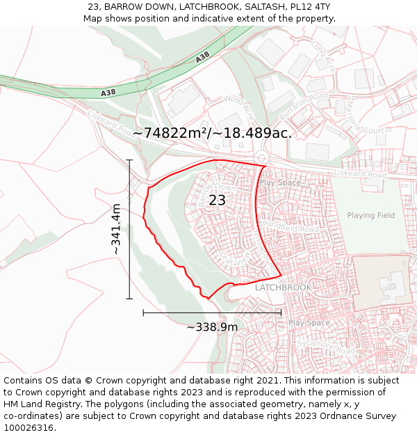 23, BARROW DOWN, LATCHBROOK, SALTASH, PL12 4TY: Plot and title map