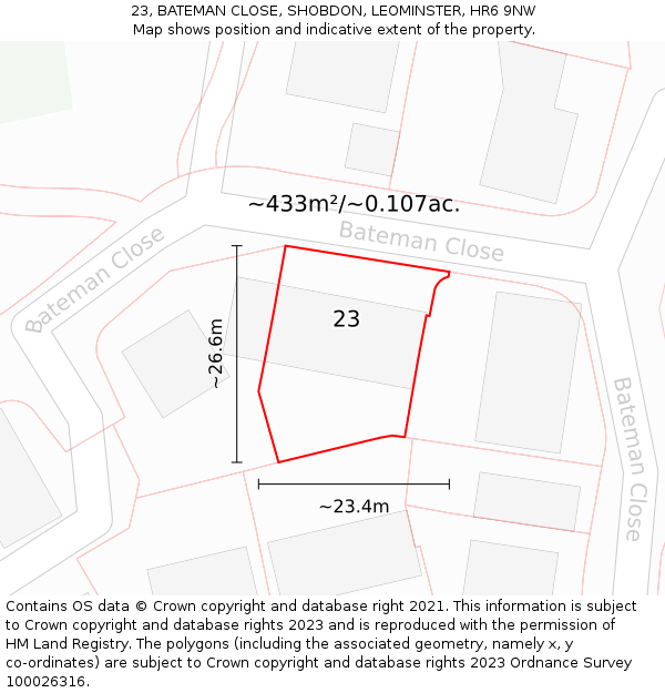 23, BATEMAN CLOSE, SHOBDON, LEOMINSTER, HR6 9NW: Plot and title map
