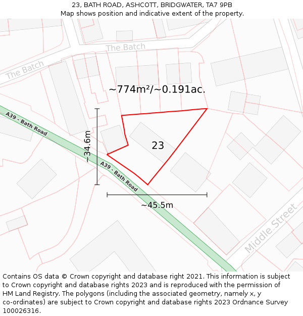 23, BATH ROAD, ASHCOTT, BRIDGWATER, TA7 9PB: Plot and title map