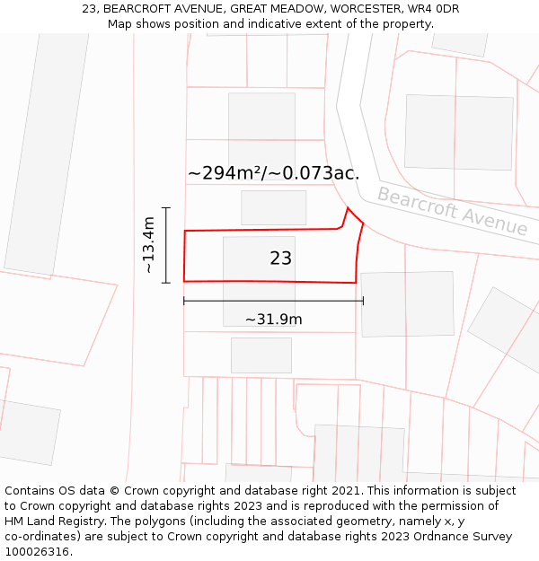 23, BEARCROFT AVENUE, GREAT MEADOW, WORCESTER, WR4 0DR: Plot and title map