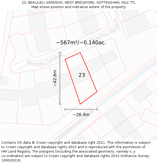 23, BEAULIEU GARDENS, WEST BRIDGFORD, NOTTINGHAM, NG2 7TL: Plot and title map