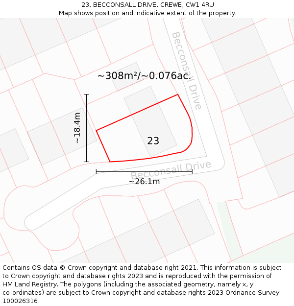 23, BECCONSALL DRIVE, CREWE, CW1 4RU: Plot and title map