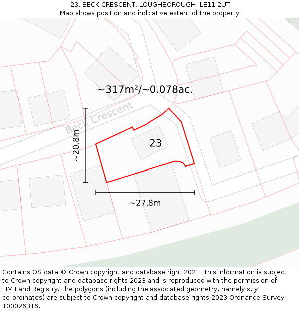 23, BECK CRESCENT, LOUGHBOROUGH, LE11 2UT: Plot and title map