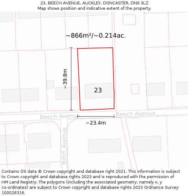 23, BEECH AVENUE, AUCKLEY, DONCASTER, DN9 3LZ: Plot and title map