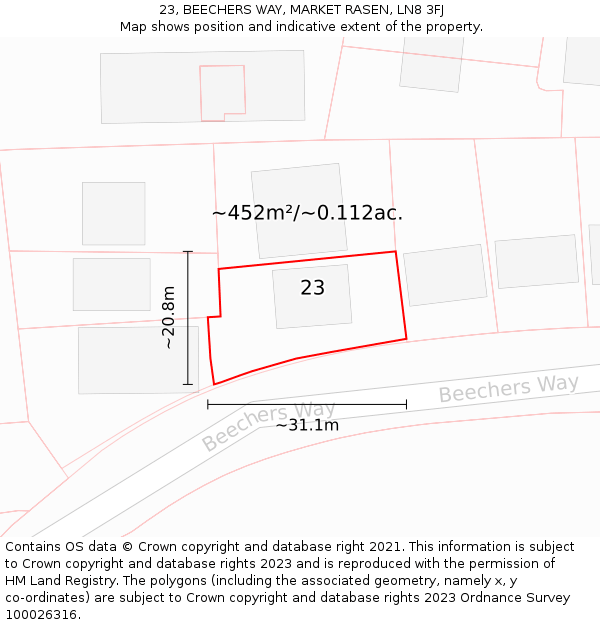 23, BEECHERS WAY, MARKET RASEN, LN8 3FJ: Plot and title map