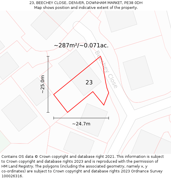 23, BEECHEY CLOSE, DENVER, DOWNHAM MARKET, PE38 0DH: Plot and title map