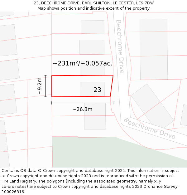 23, BEECHROME DRIVE, EARL SHILTON, LEICESTER, LE9 7DW: Plot and title map