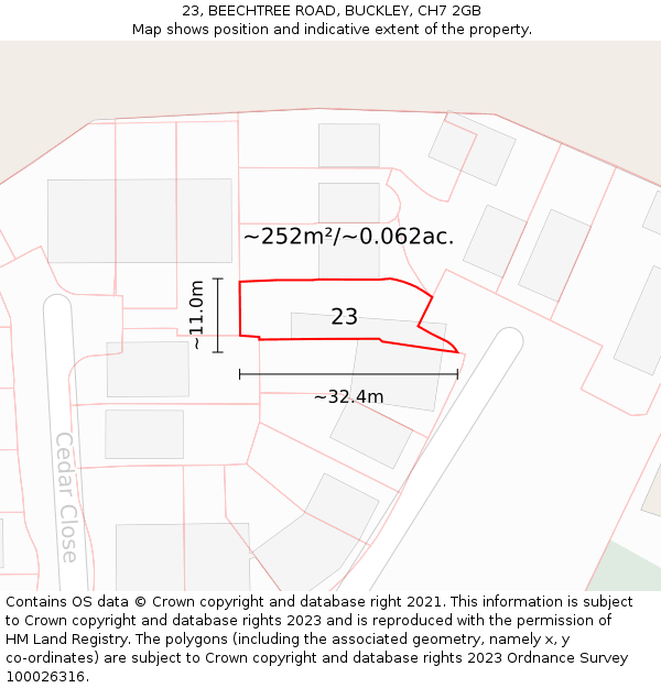 23, BEECHTREE ROAD, BUCKLEY, CH7 2GB: Plot and title map